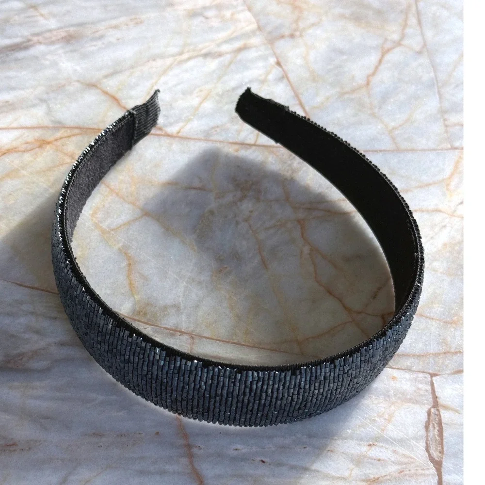 Gunmetal Beaded Headband Metallic Black Bugle Bead Hair Accessory Hand Beaded